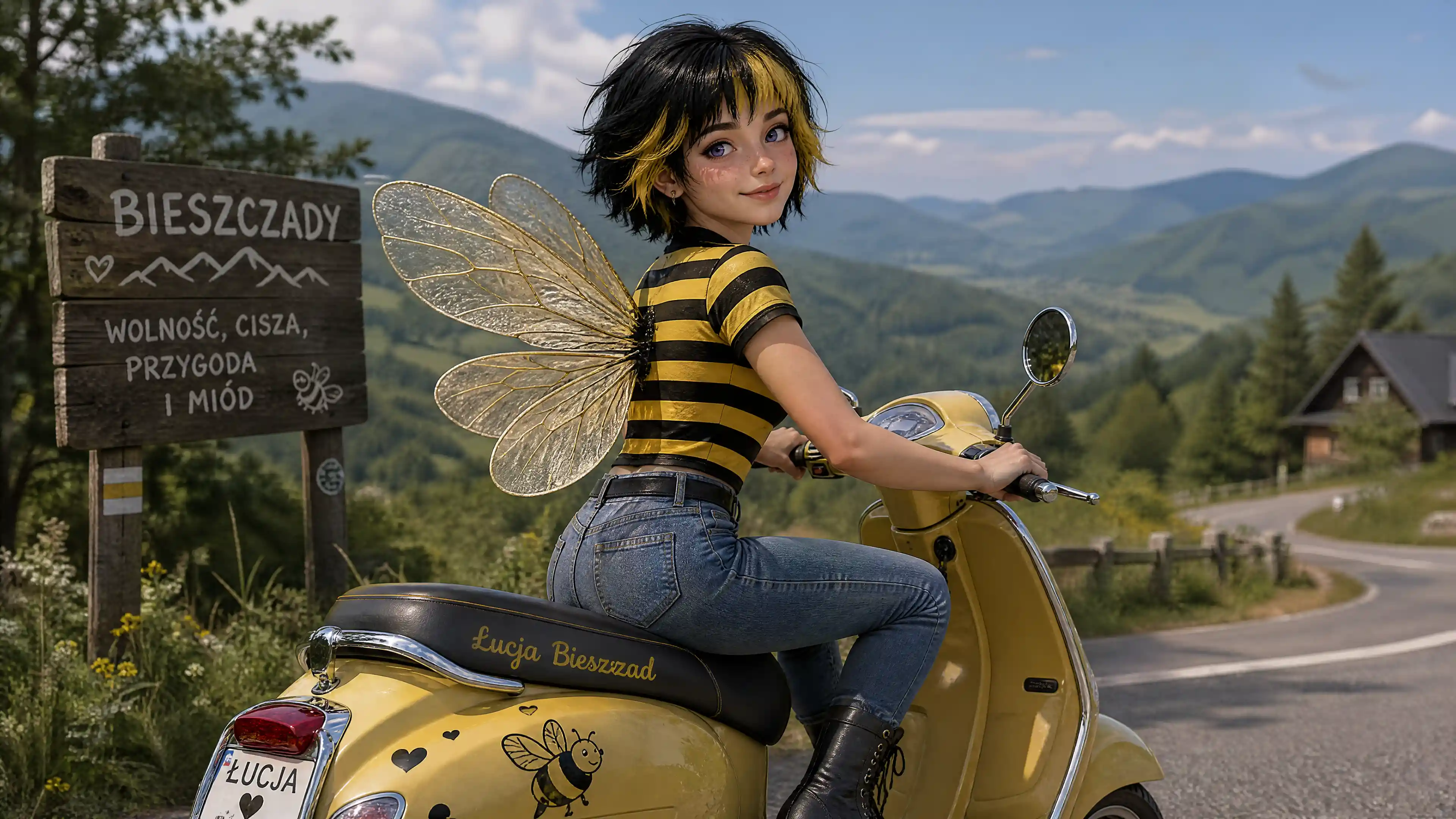 Süßes Mädchen mit Bienenflügeln auf einem stylischen Motorrad