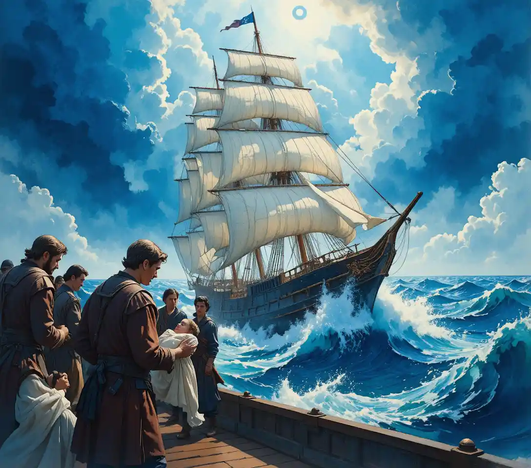 Renaissance flagship cutting through a stormy ocean wave