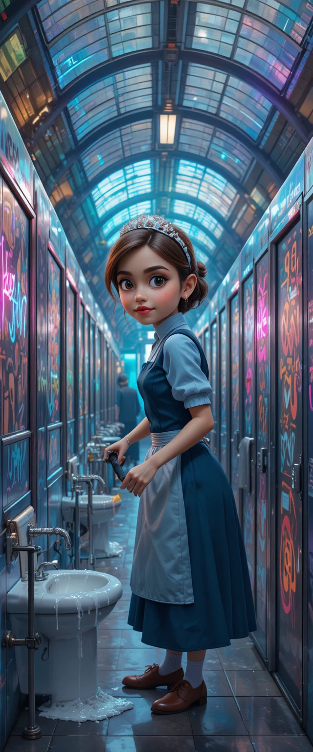 Pixar style cleaner in neon paris train station restroom