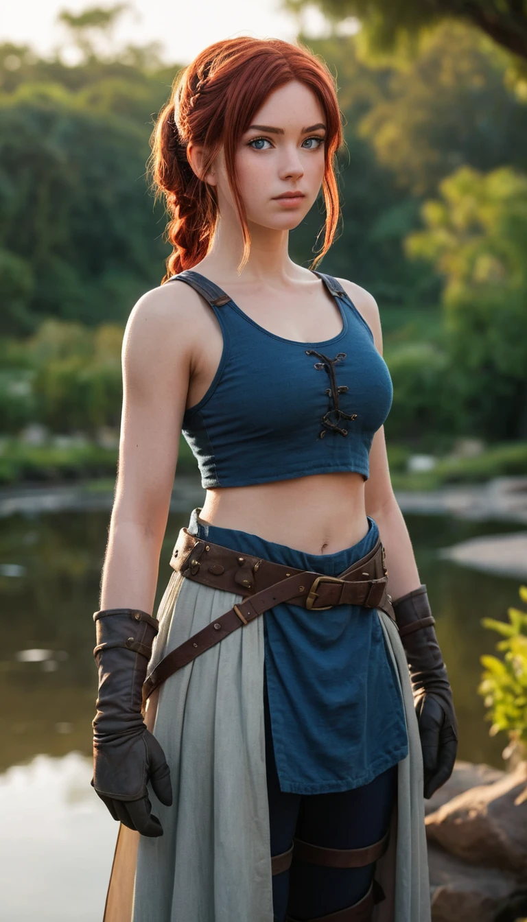 Anime adventurer woman by a tranquil twilight oasis