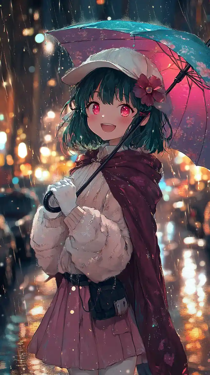 Anime girl in white sweater with red flower and cape