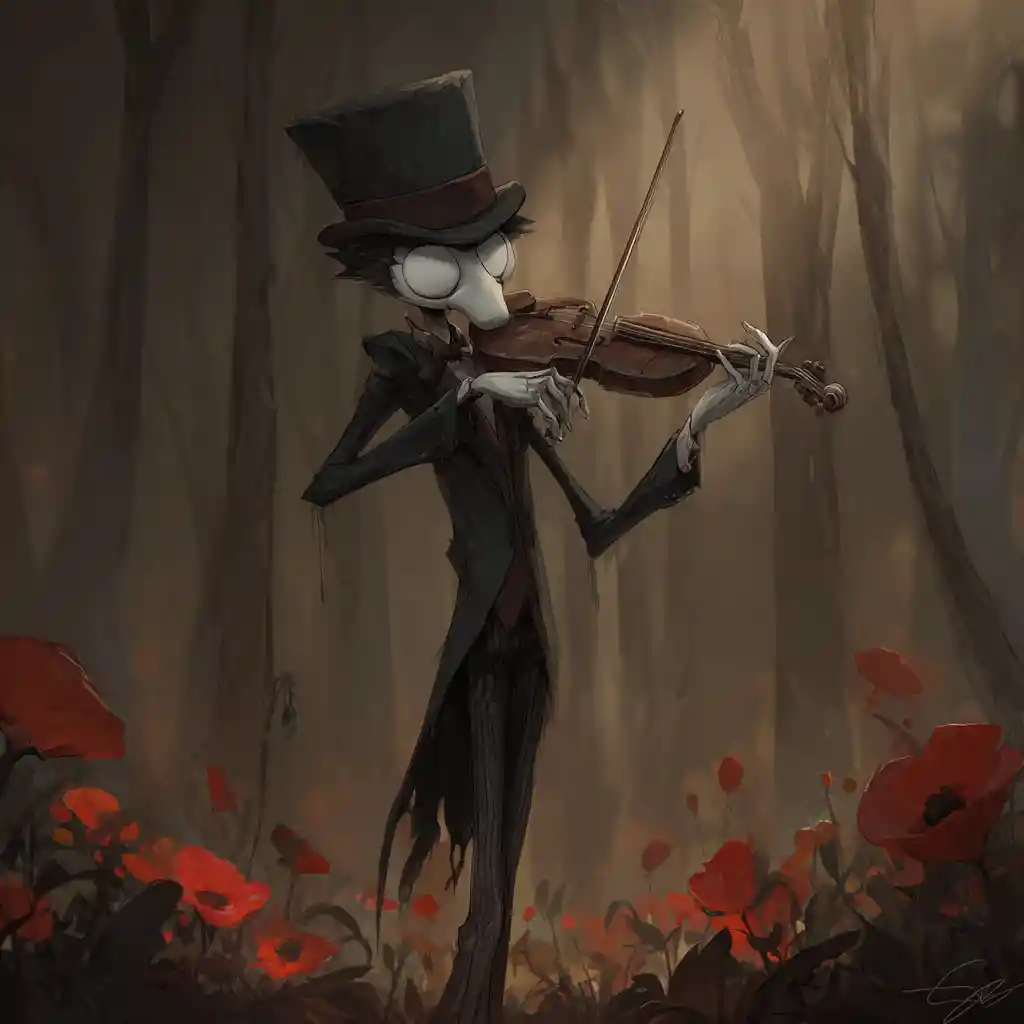 Ghostly violinist and giant bug in a misty forest