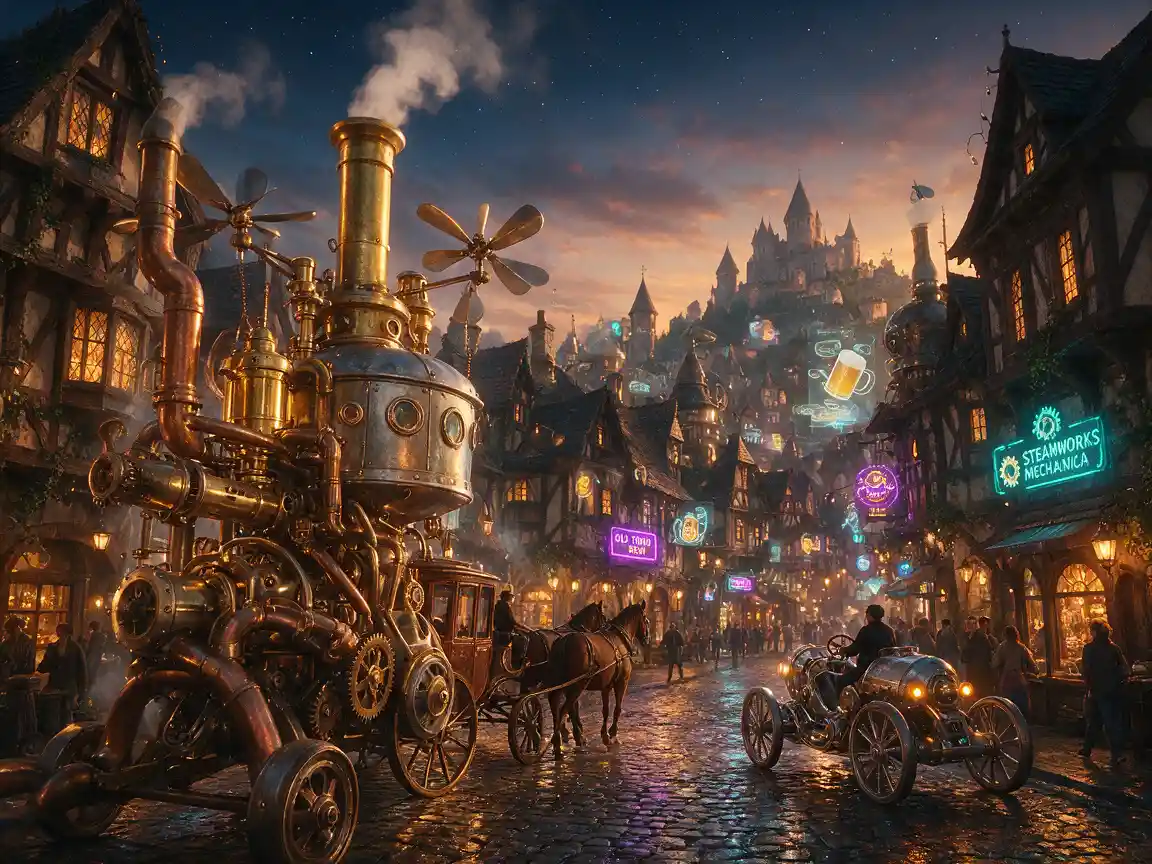 Futuristic village street with carriages and steam machine
