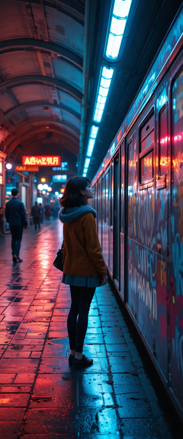 Woman waiting for a train in neon lit Paris station