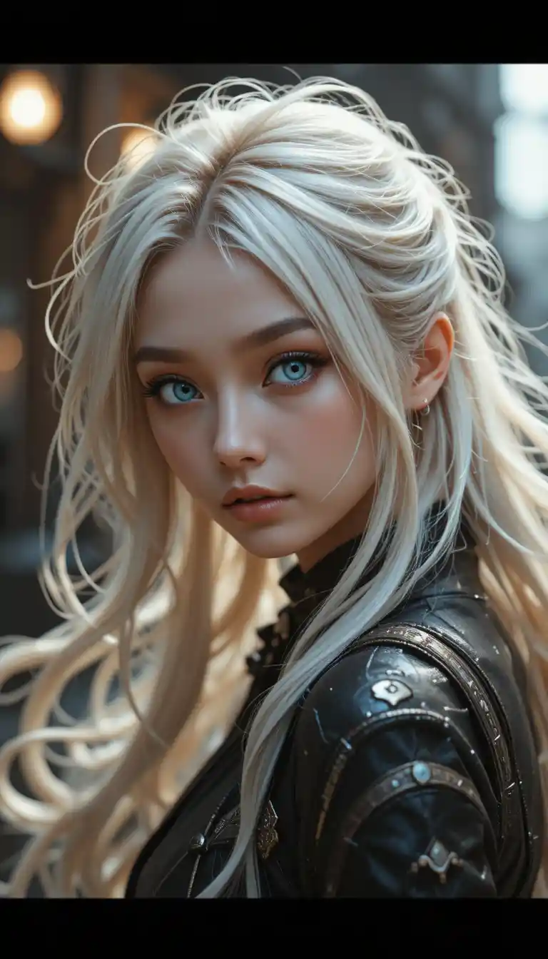 Confident anime heroine with flowing platinum blonde hair