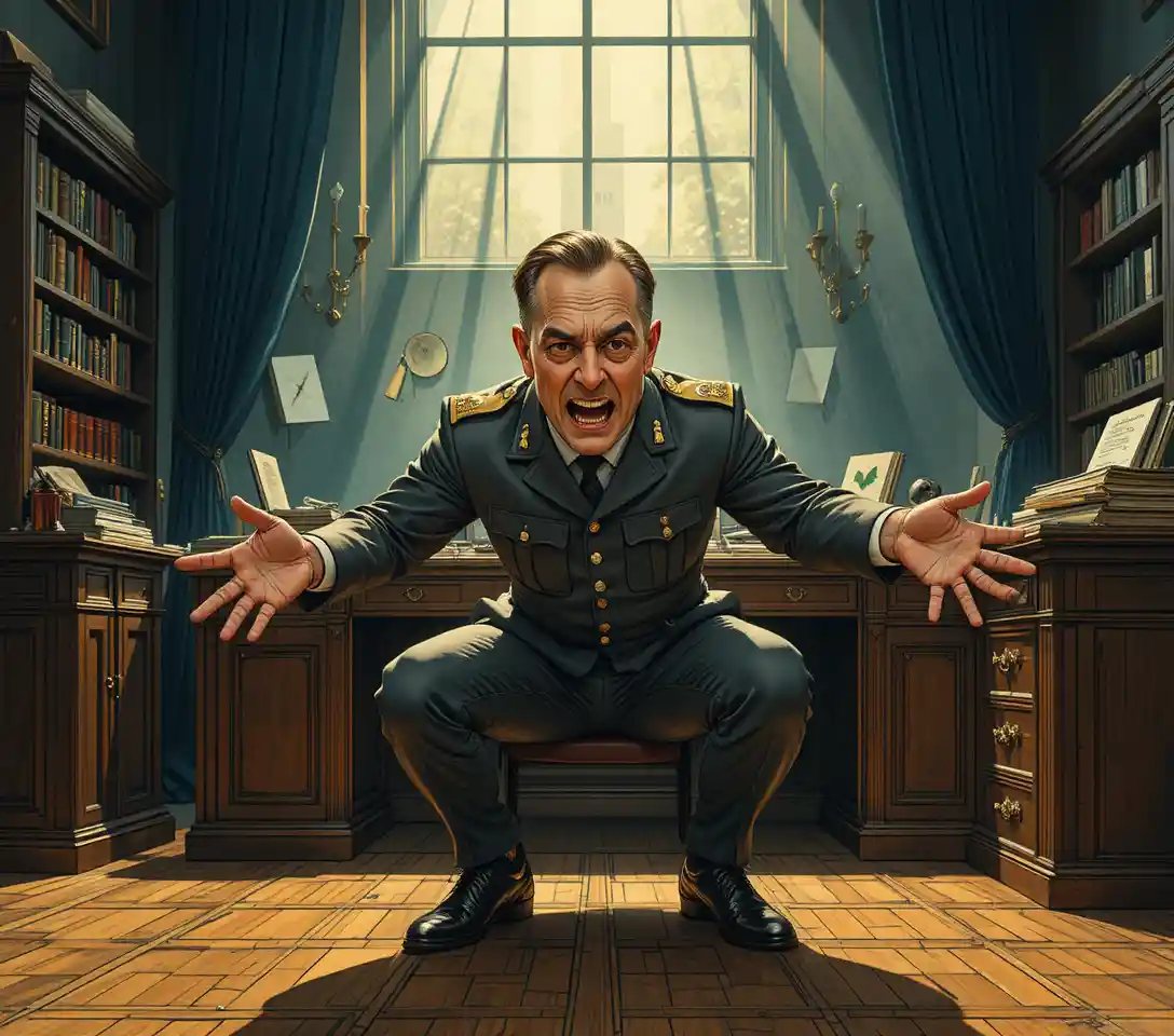 Art nouveau officer in distress in a dim military office