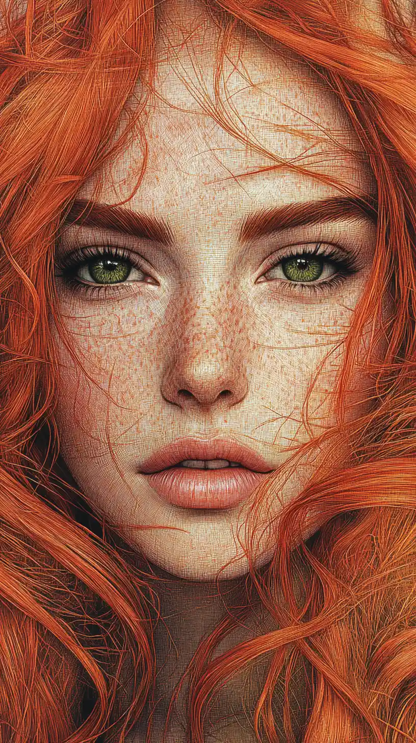 Freckled red haired woman line art portrait close up