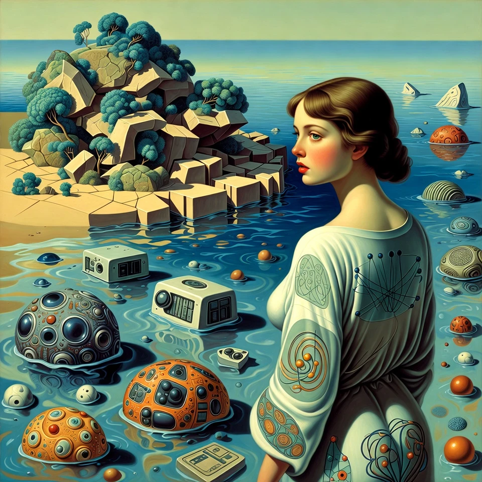 Surreal woman in robe gazing over fractured shore