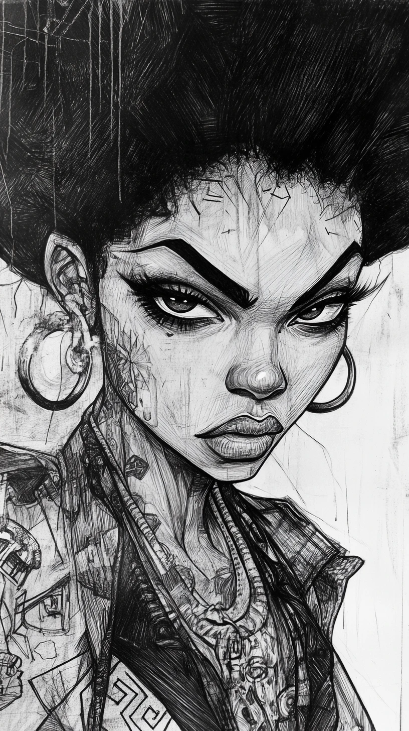 Charcoal portrait of a warrior woman with massive afro hair