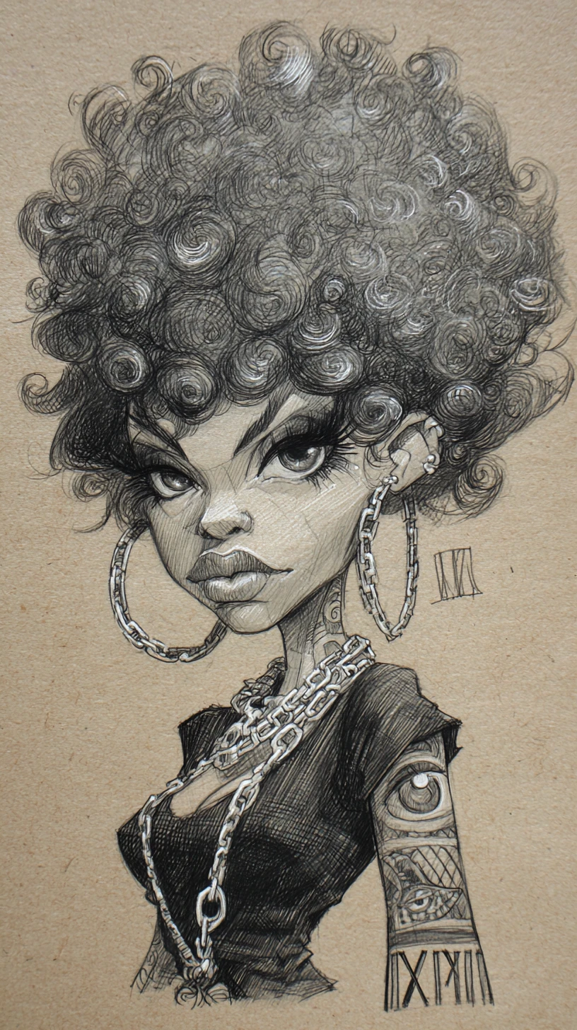 Caricature portrait of woman with massive curly afro hair