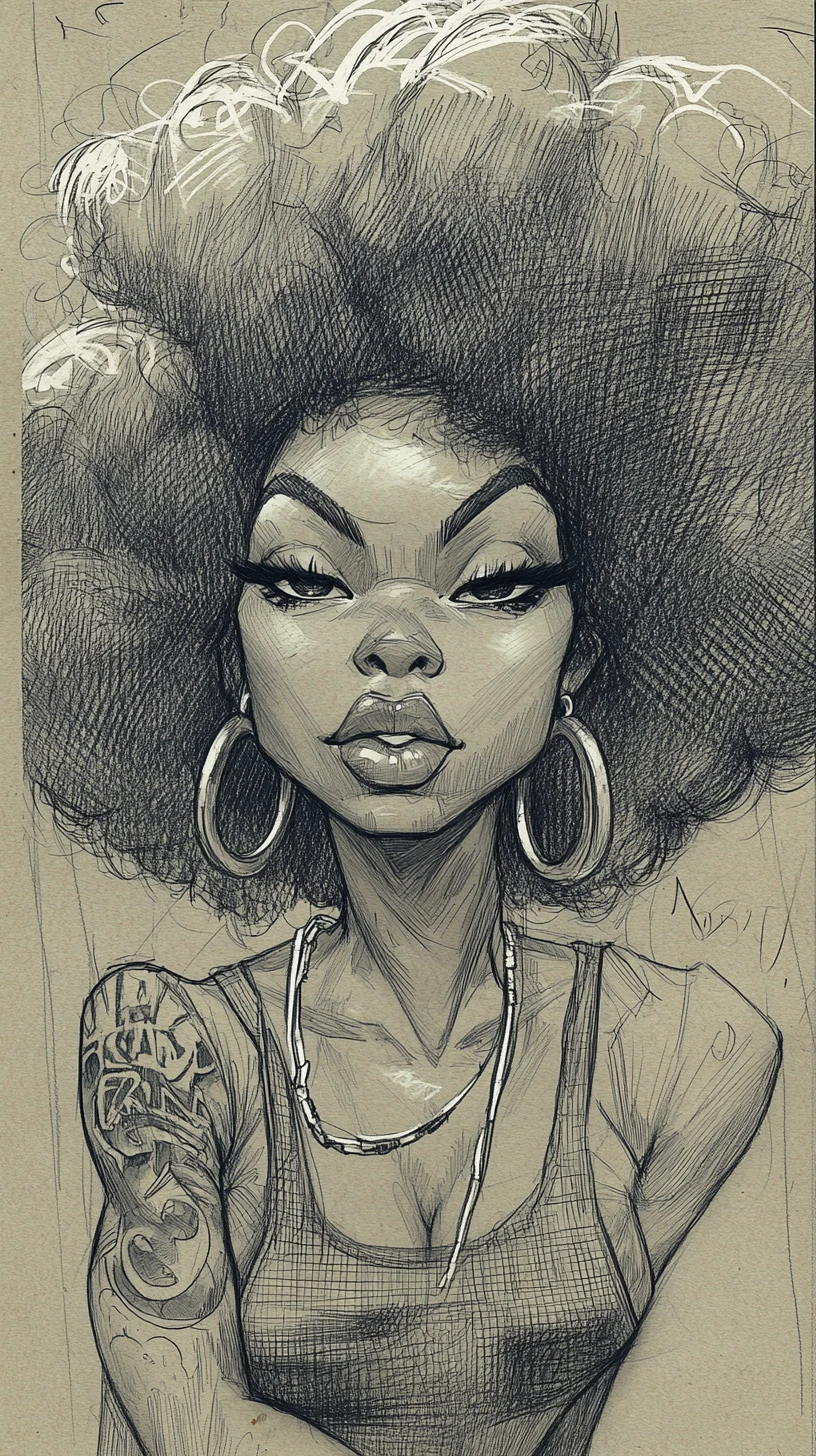Stylized charcoal portrait of a woman with enormous afro hair