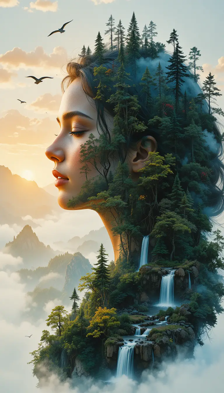 Surreal double exposure portrait of woman and forest
