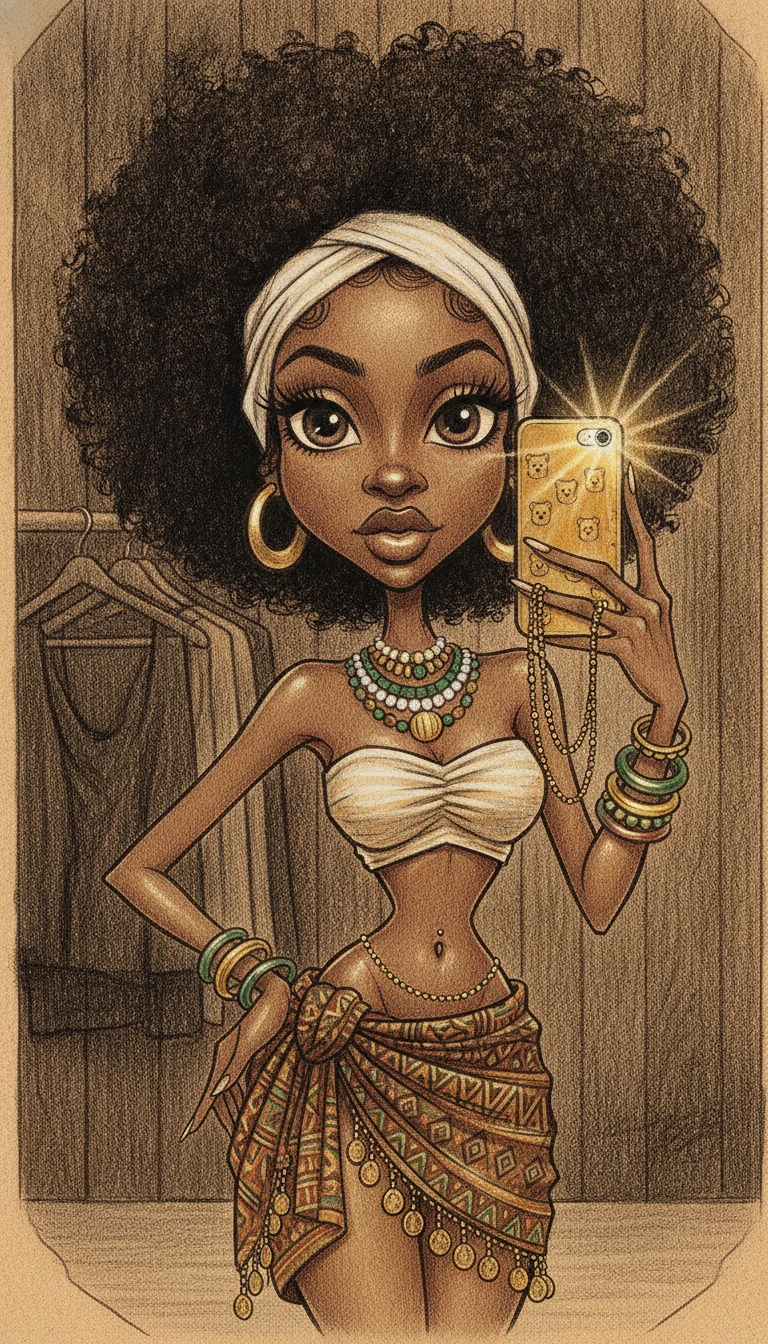 Caricature of a young woman taking a mirror selfie