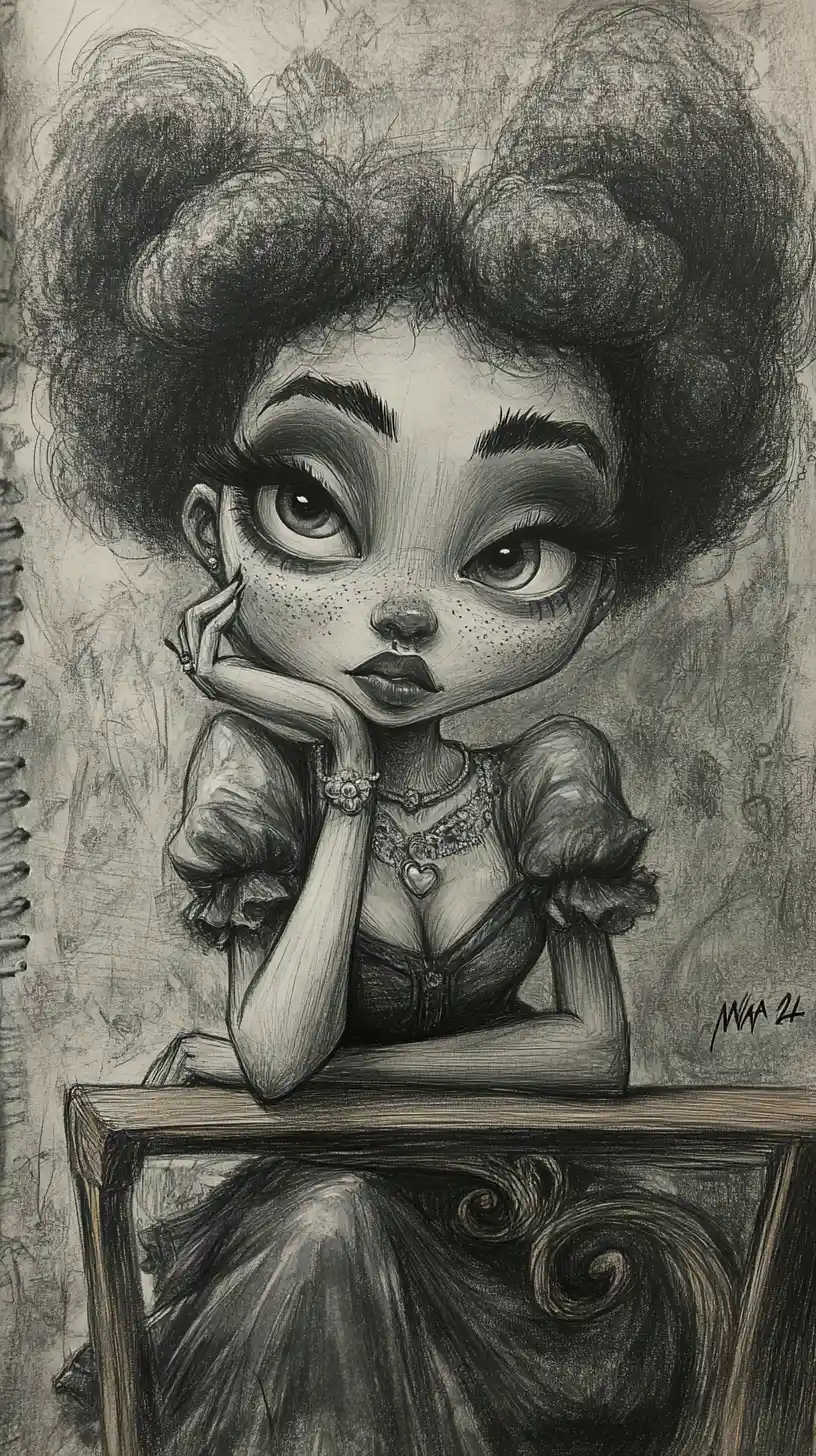 Charcoal caricature portrait of a woman with giant afro hair