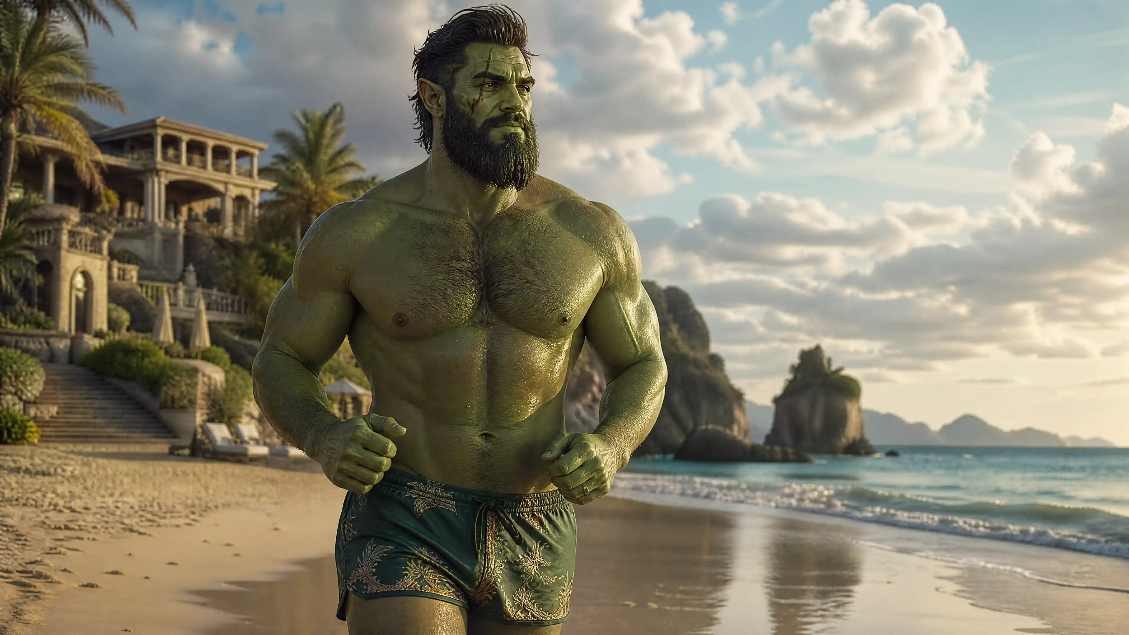 Green orc man jogging along a luxurious tropical beach