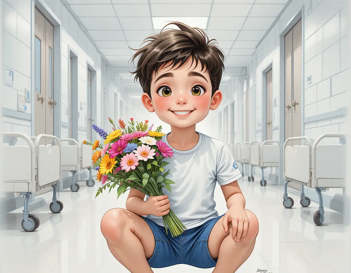 Excited Young Boy With Flowers In Bright Hospital Corridor