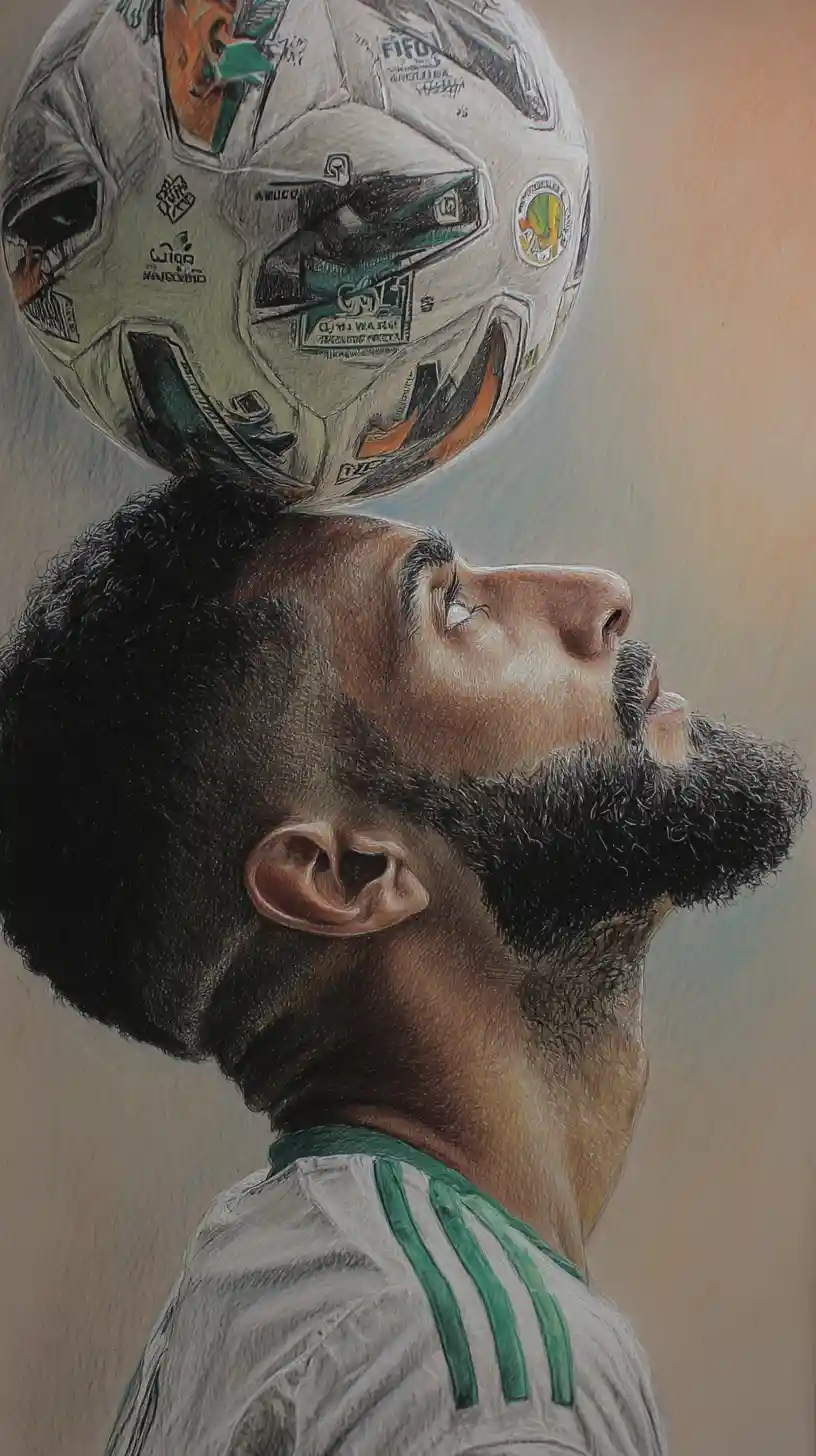 Colored pencil portrait of a footballer balancing a ball