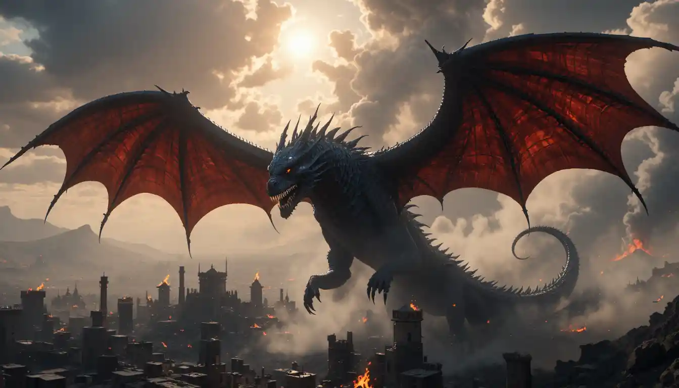 Enormous Black Dragon Soaring Above a Ruined Valyrian City