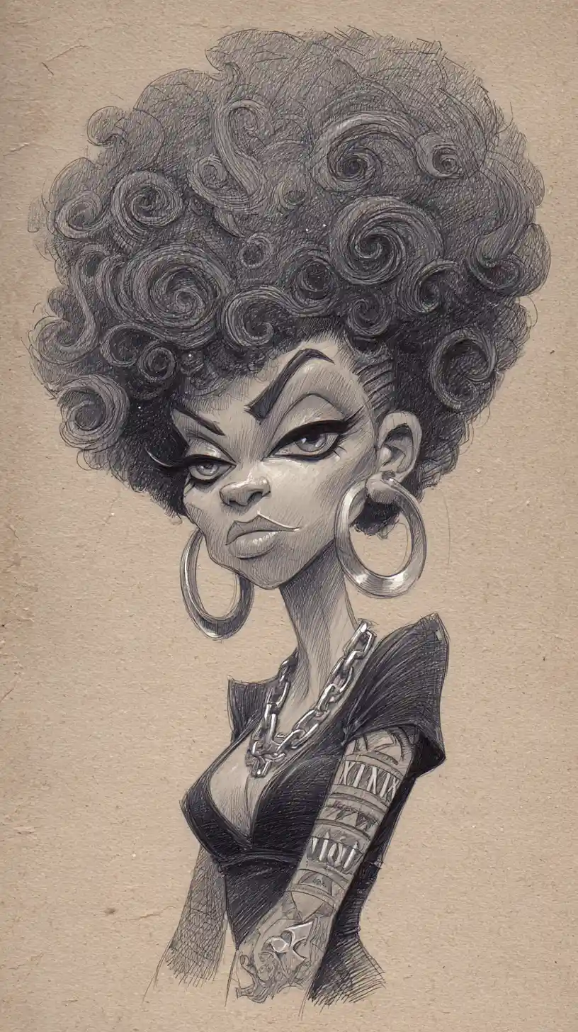 Stylized charcoal portrait of woman with exaggerated afro hair
