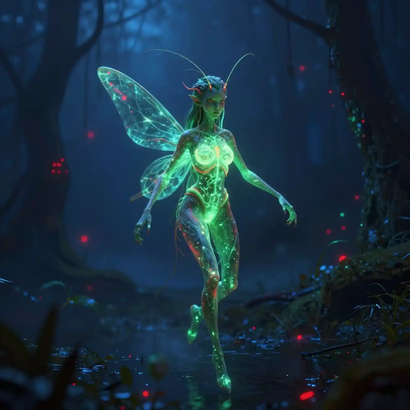 Ethereal bioluminescent nymph drifting in a misty swamp
