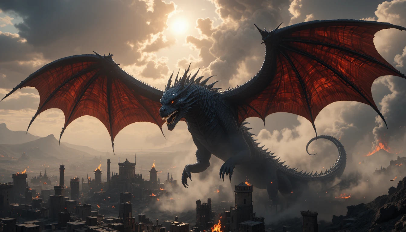Enormous Black Dragon Soaring Above a Ruined Valyrian City