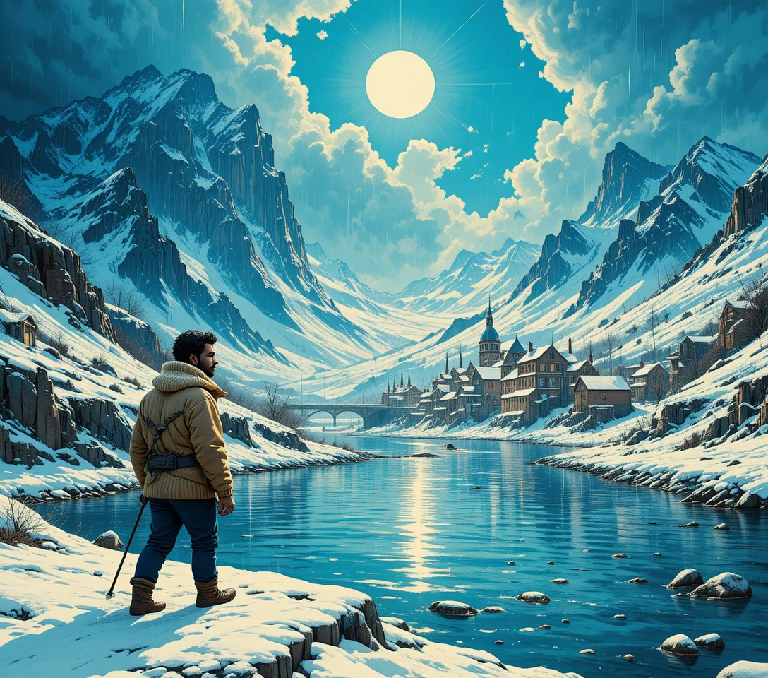 Man Crossing A Muddy River Under A Clear Blue Sky
