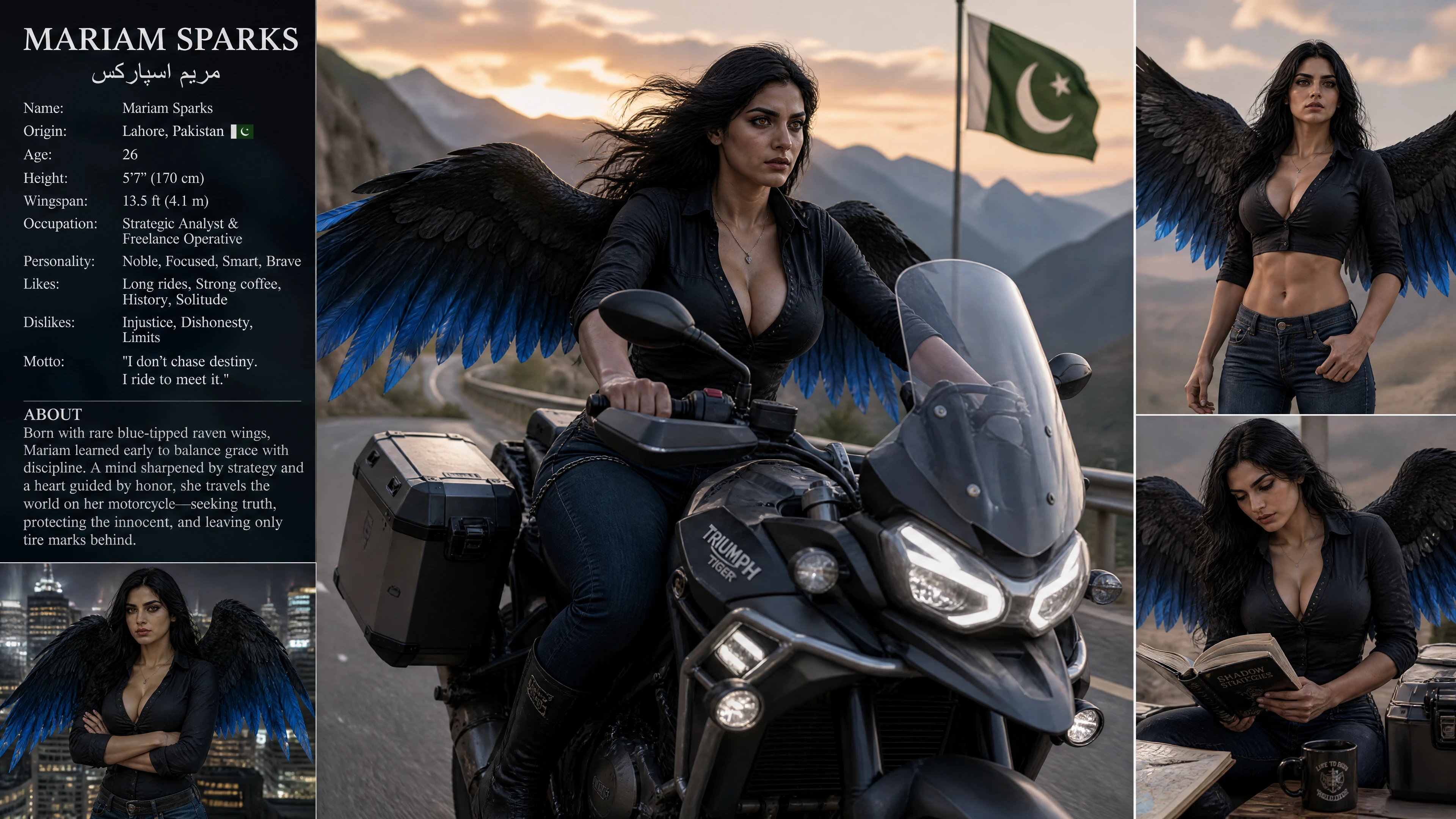 Winged Pakistani woman riding a powerful touring motorcycle