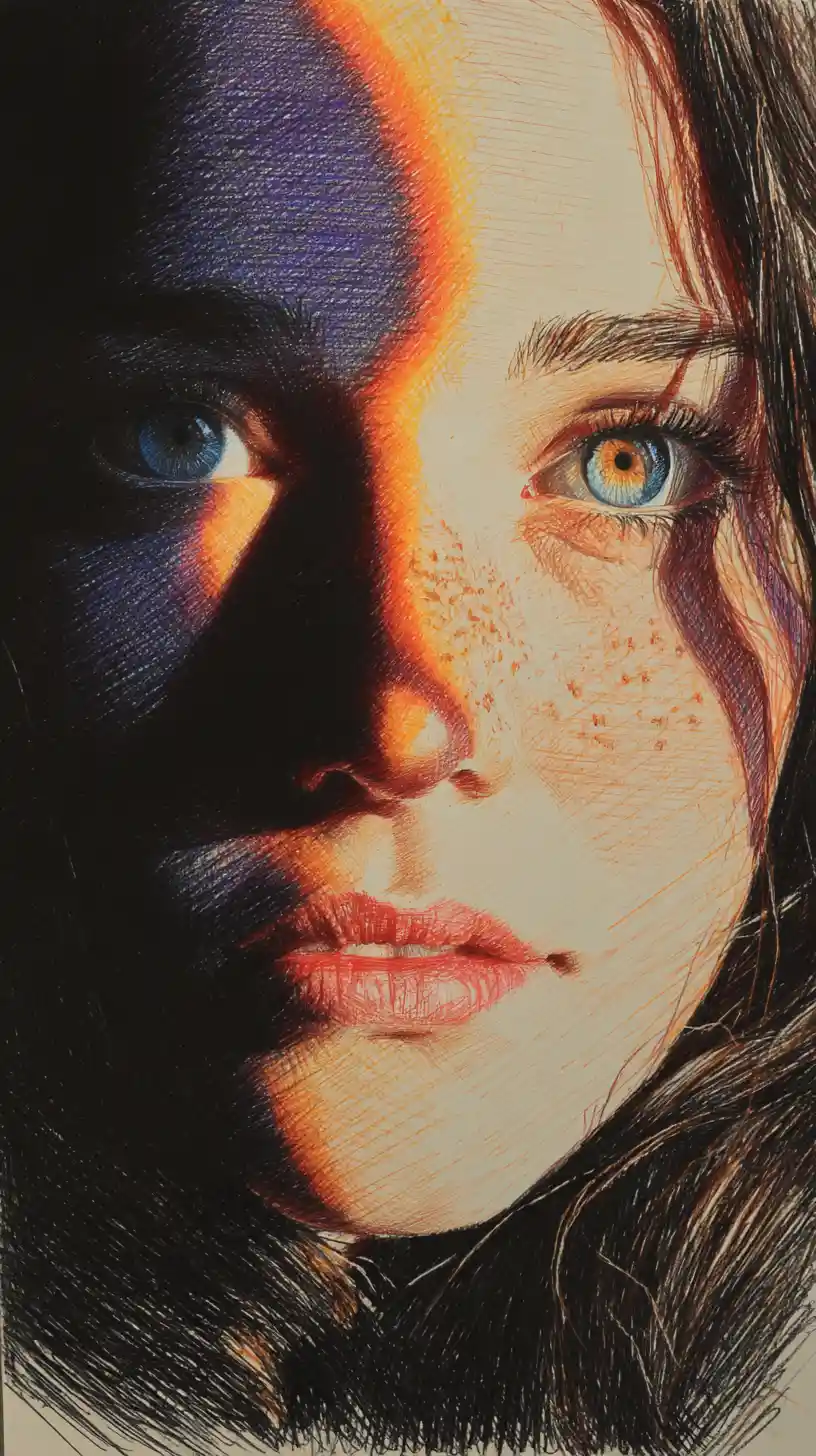 Close up color pencil portrait of a freckled young woman
