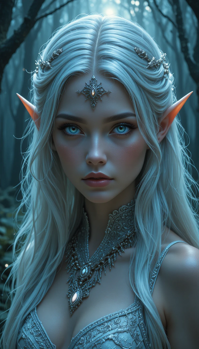Ethereal elven woman in a moonlit ancient forest