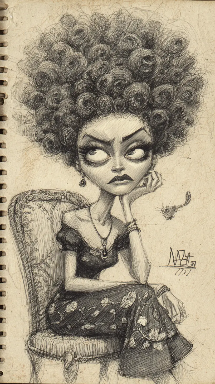 Charcoal portrait of a woman with oversized head and afro hair