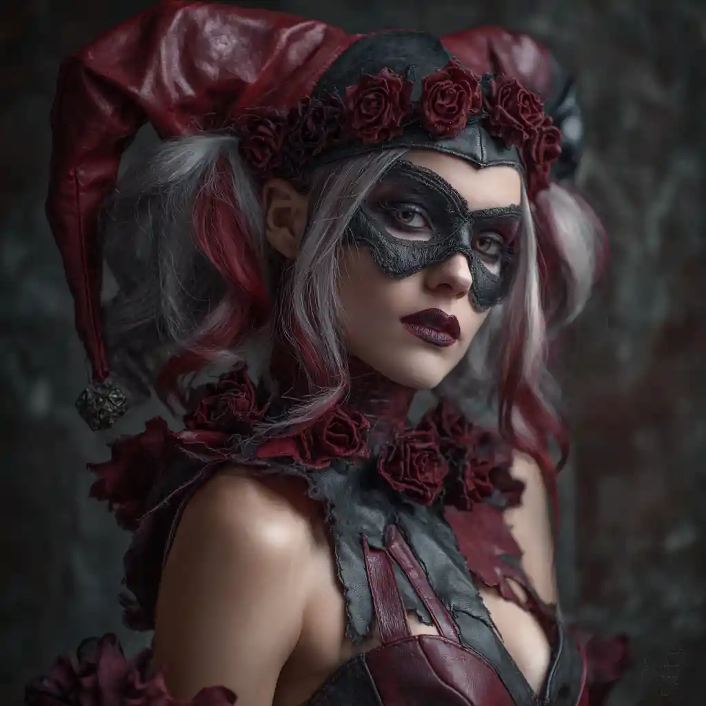 Gothic jester woman with roses and glowing crimson cracks