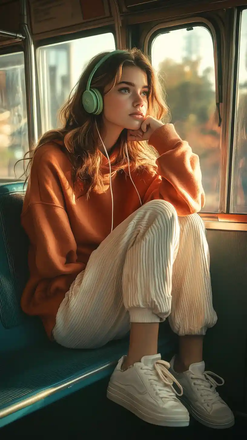 Thoughtful girl on a city bus in golden hour light