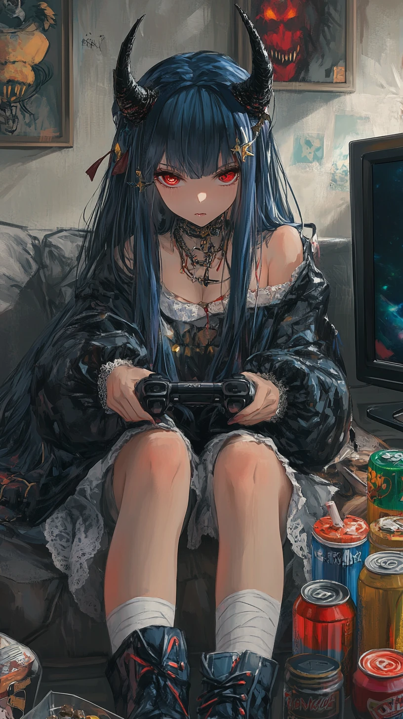Anime girl gaming on a couch with snacks and drinks