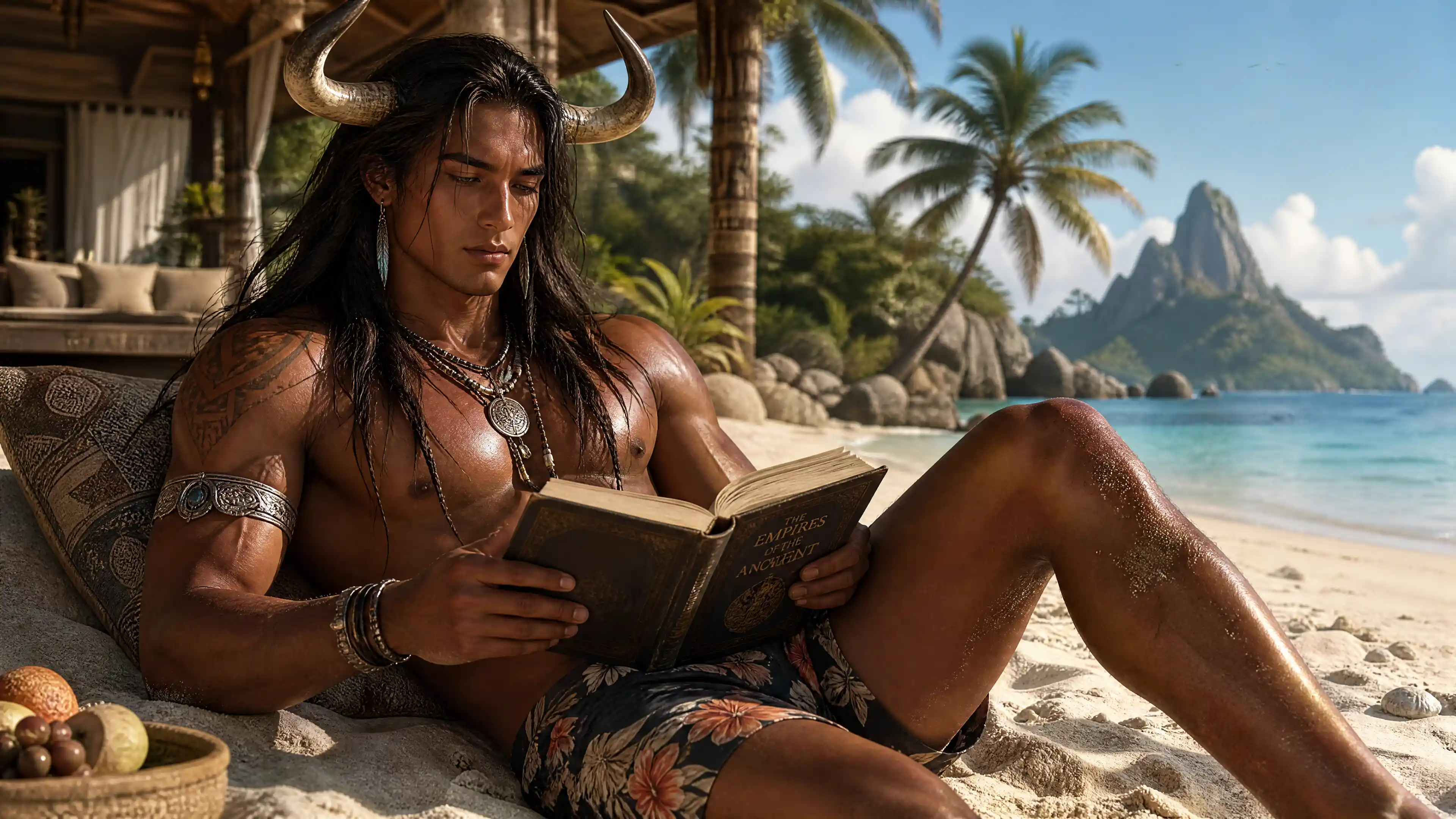 Tall man reading a book on a sunny beach