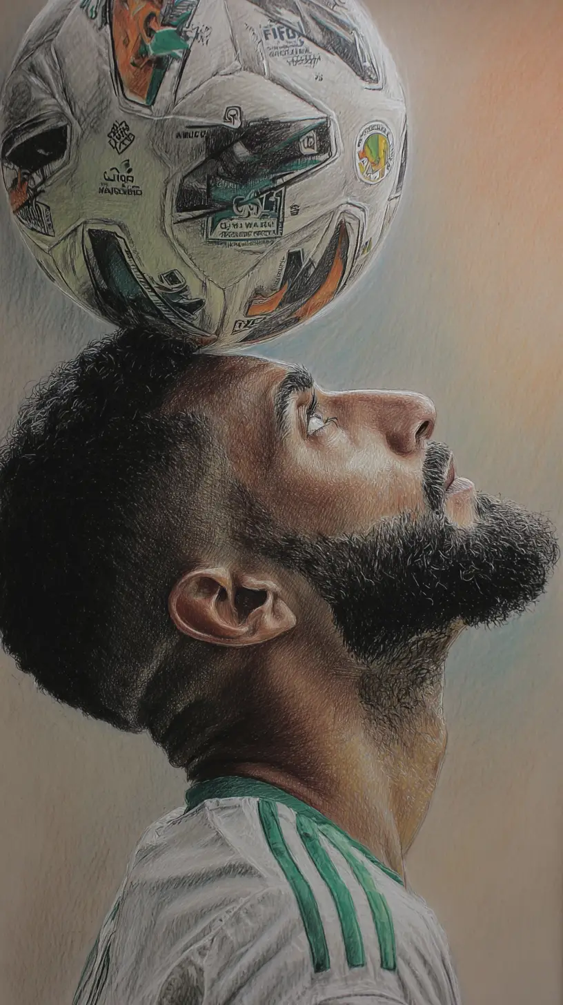 Ritratto a matite colorate di un calciatore che bilancia un pallone