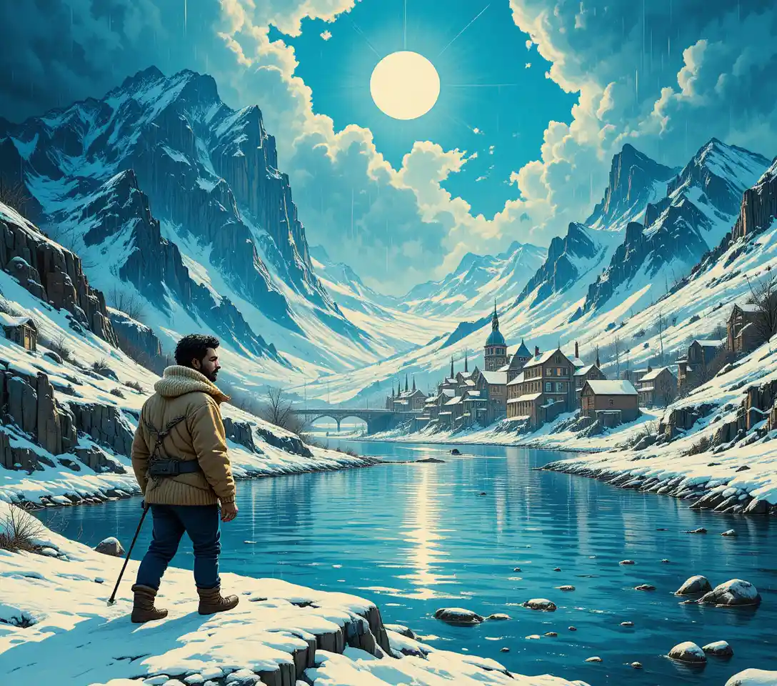 Man Crossing A Muddy River Under A Clear Blue Sky