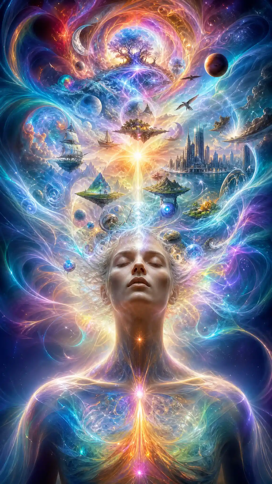 Ethereal figure in a swirling vortex of iridescent colors