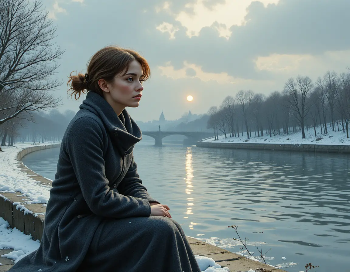 Young woman alone by the Seine on a cold winter dusk