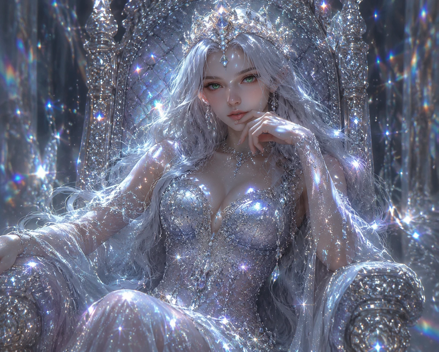 Mystical woman on a diamond throne in stardust glow