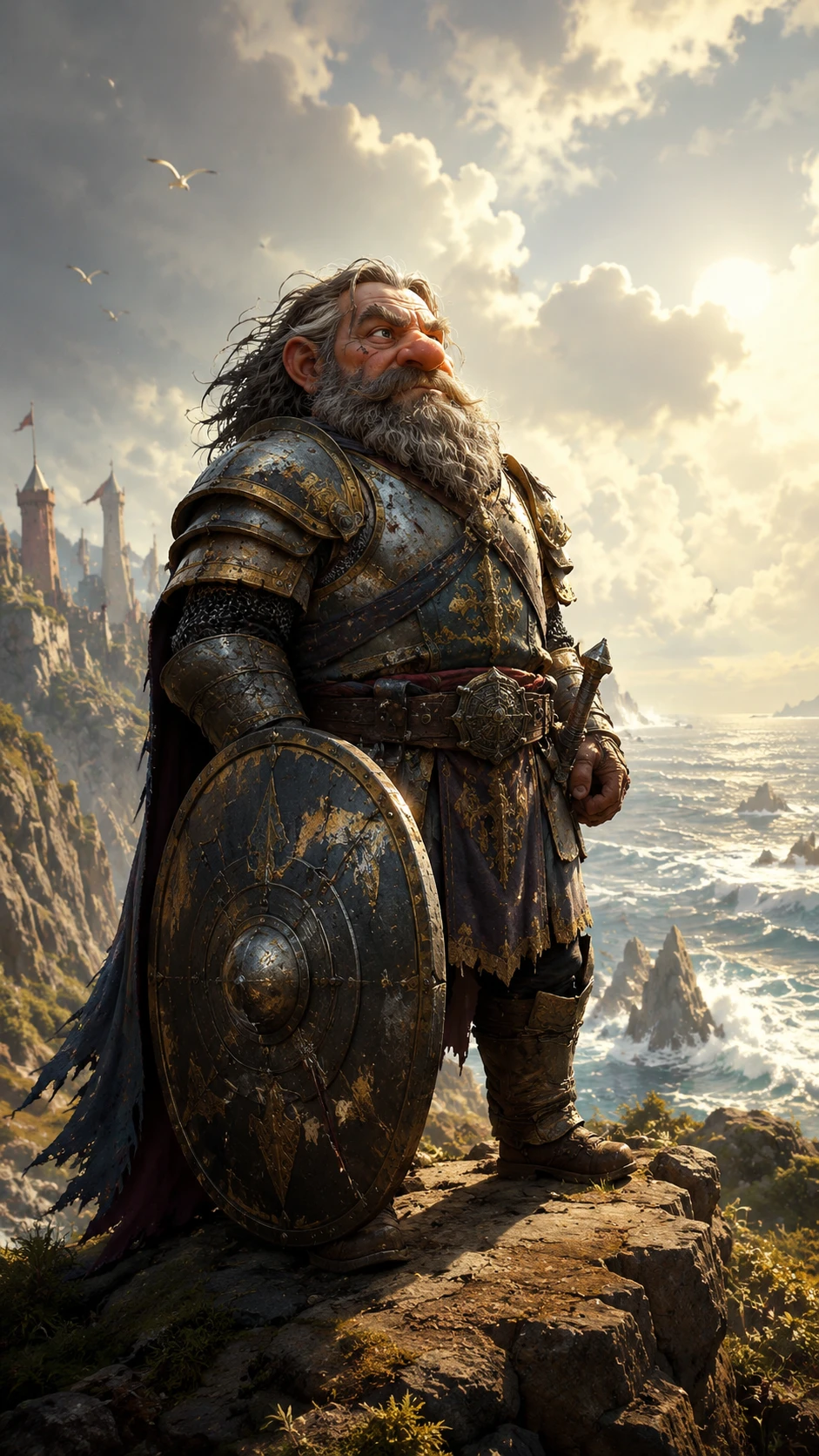 Battle worn dwarf knight on a stormy sea cliff