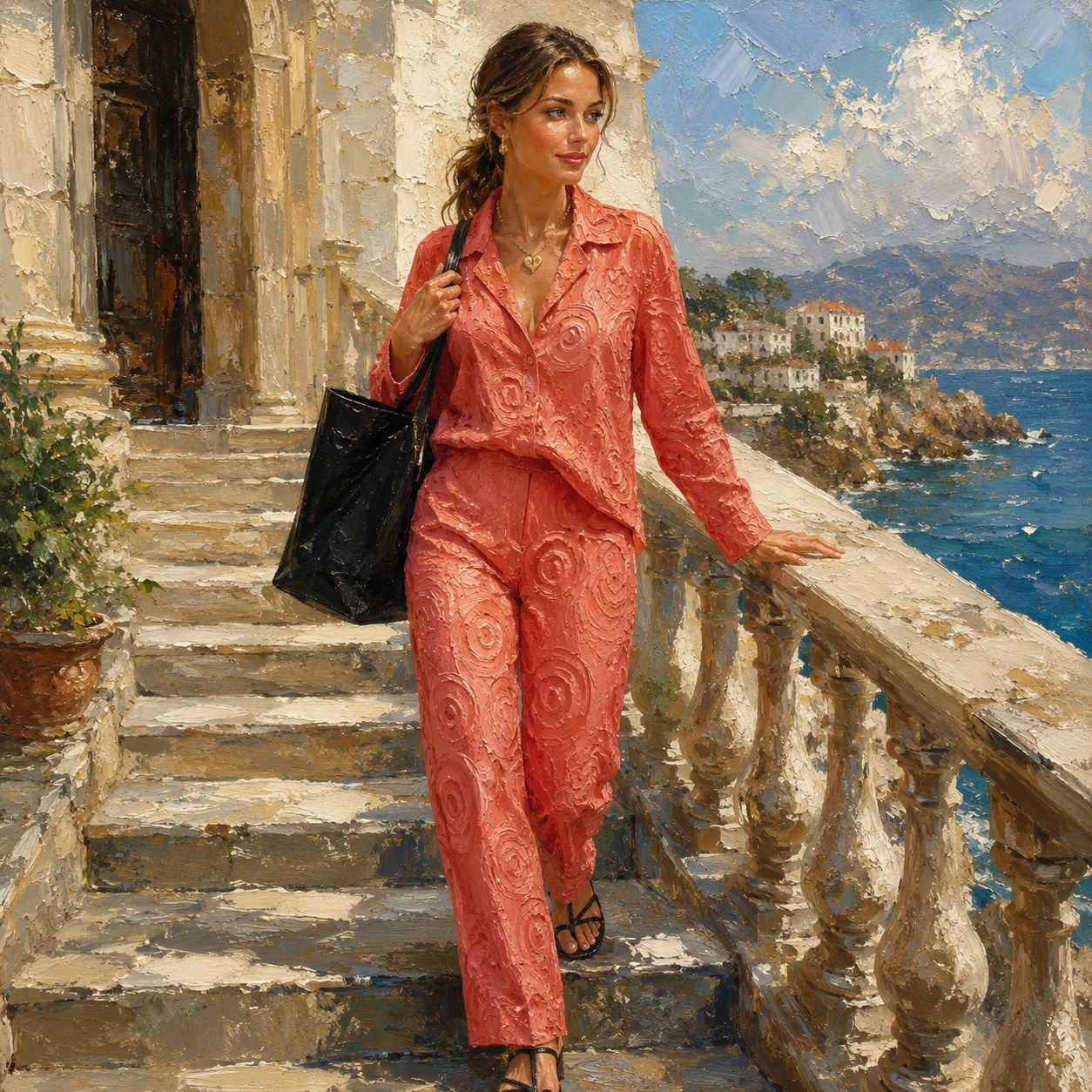 Blonde woman in coral suit descending seaside stone stairs