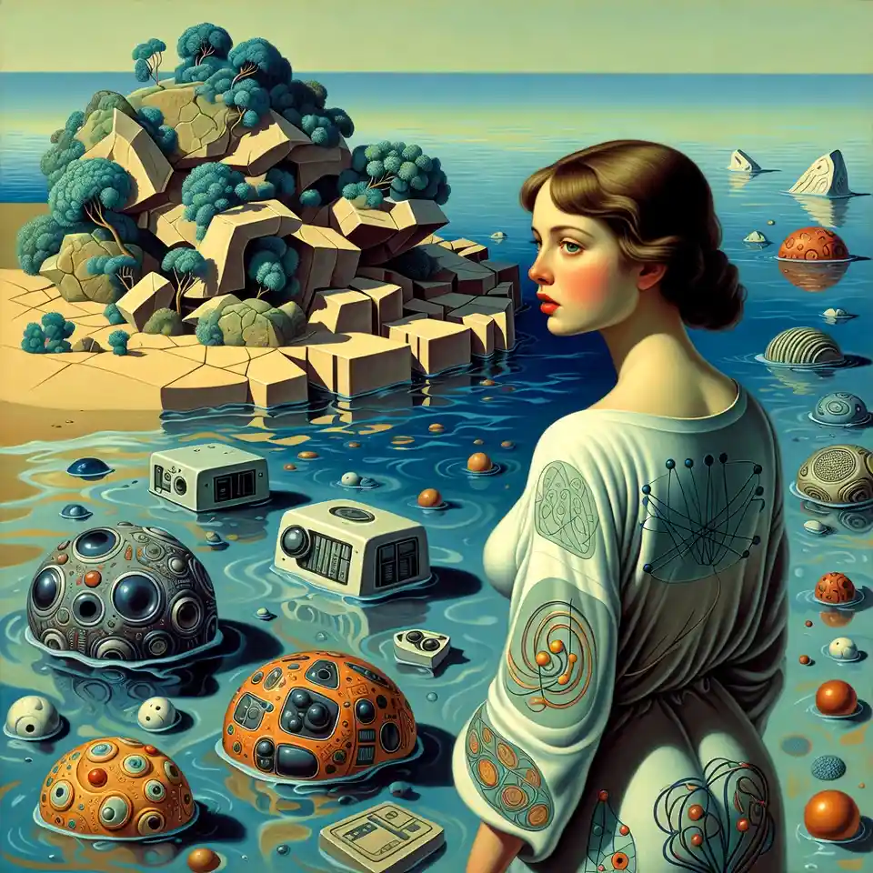 Surreal woman in robe gazing over fractured shore