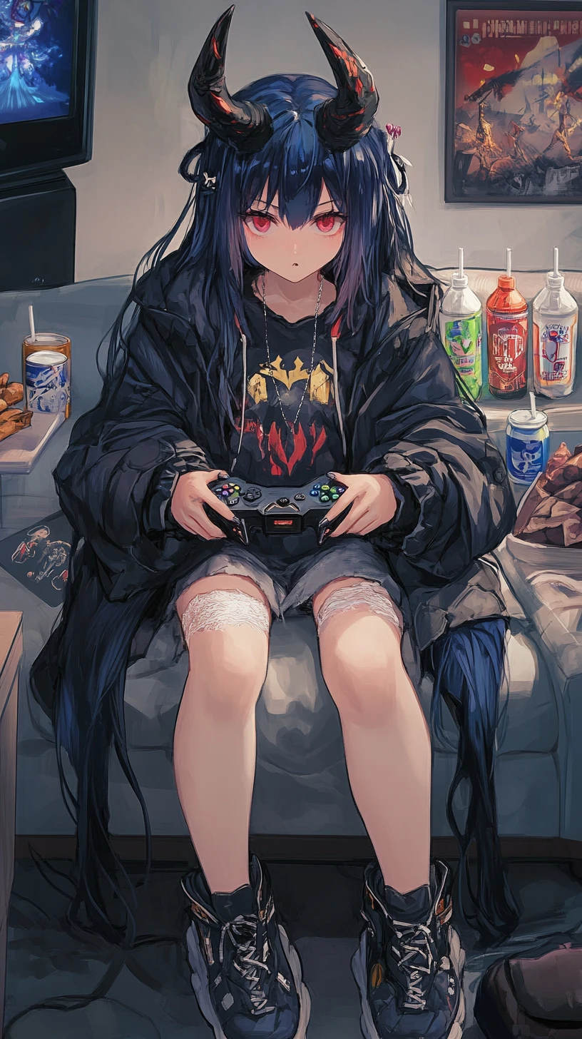 Anime girl gaming on a couch with snacks and drinks