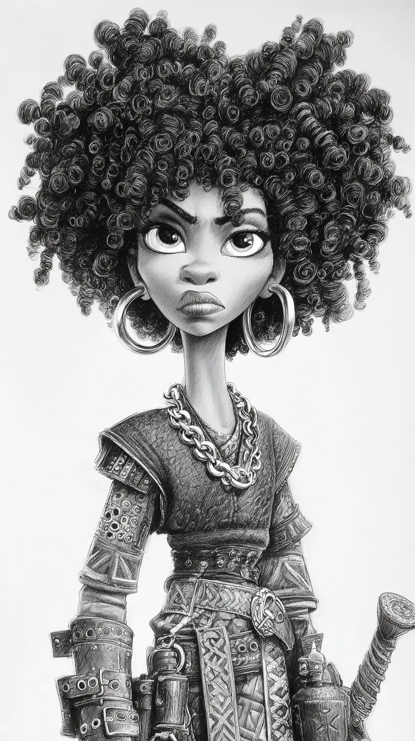 Karikatur-Porträt einer Kriegerin mit riesigem Afro