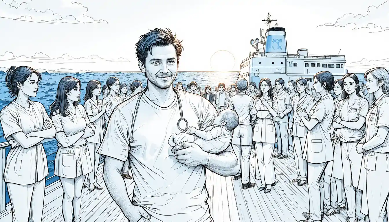 Tired doctor at dawn on a ship deck at sea