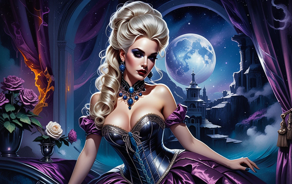 Fantasy courtesan in lavish rococo boudoir portrait