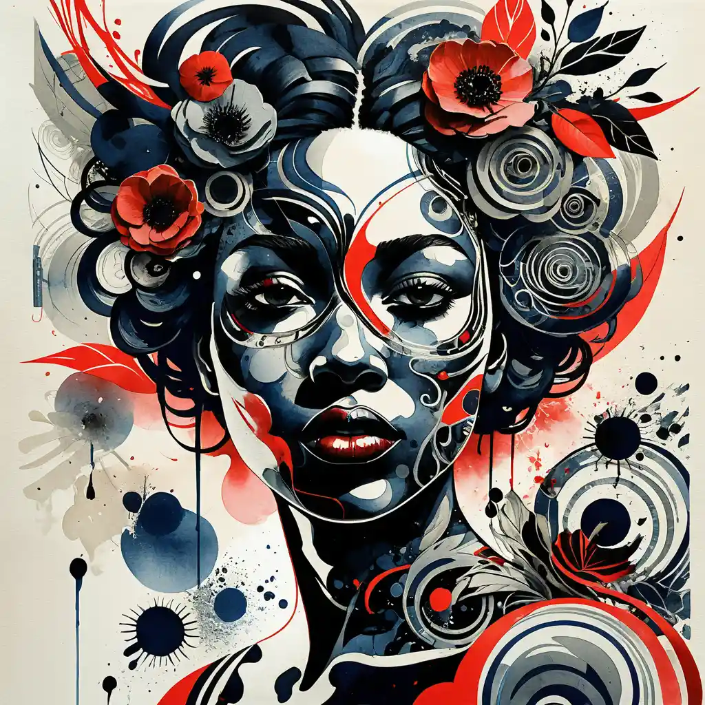 Surreal ink portrait of a black woman on textured paper