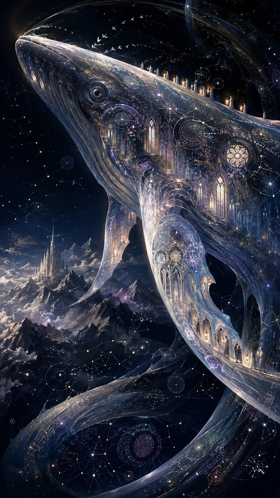 Celestial whale formed from sweeping moonlit architectural strokes