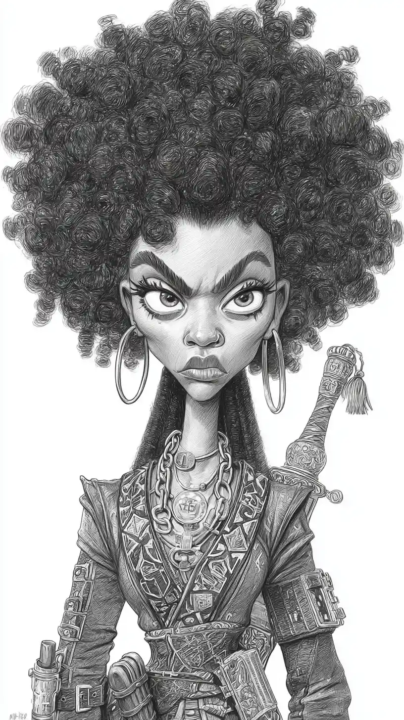 Charcoal caricature portrait of a warrior woman with huge afro