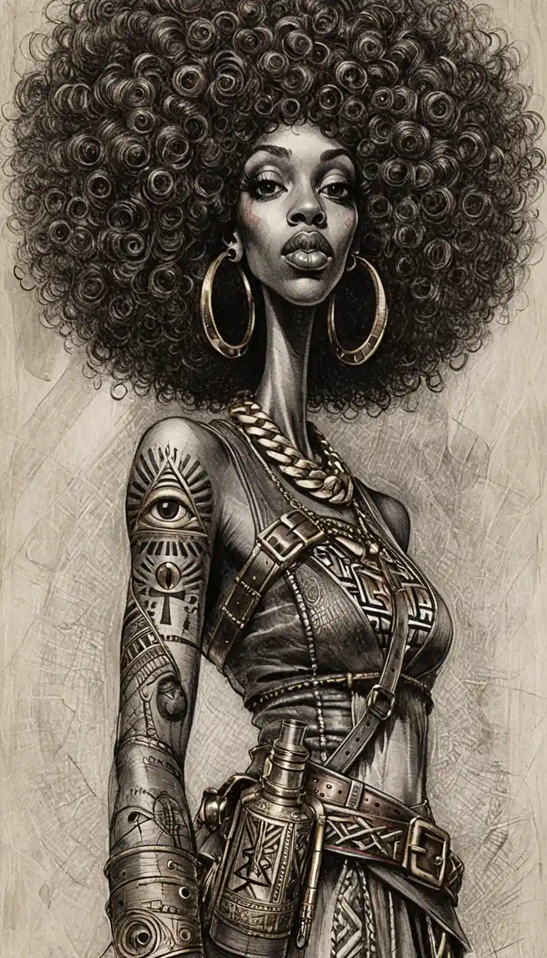 Charcoal portrait of a warrior woman with massive afro hair